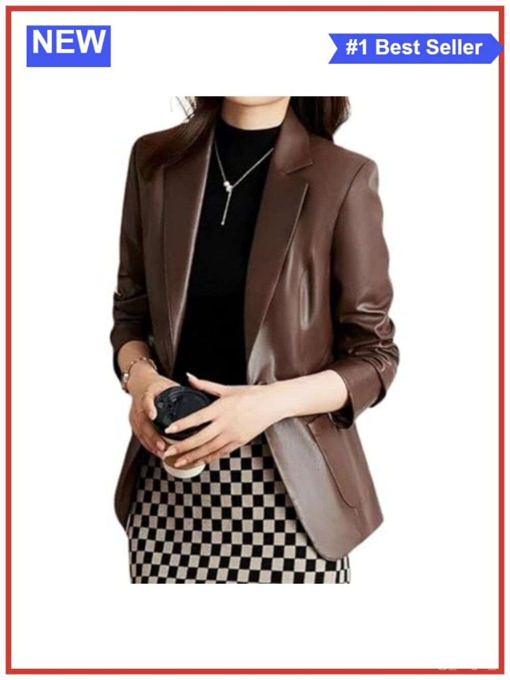 Lambskin Leather Blazer Women 2-Button Notch Lapel Casual Coat Long Sleeve